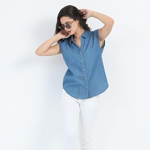 Nouvelles chemises en jean sans manches de haute qualité pour femmes, coupe décontractée, chemises en jean à la mode en coton biologique de meilleure qualité, OEM - Product Image 6