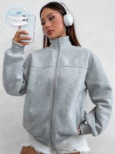 Gris clair Surdimensionné Zip Up Sweat Femmes Coton Polaire Veste Coupe Ample Col Montant Manches Longues Casual Hiver Streetwear - Product Image 5