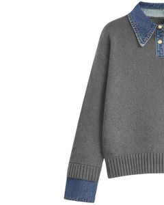 Manufacturer Women Grey Knit <b>Sweater</b> With Denim Collar <b>Long</b> Sleeve Pullover Casual Winter Top Soft Acrylic Blend Fashion Jumper - Product Image 3