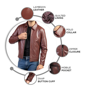 Veste en cuir de vachette véritable à col polo, qualité supérieure, style vintage, délavé, pour hommes - Product Image 5