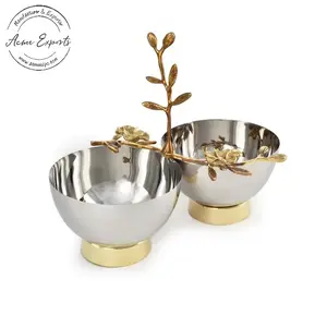 Double bols en aluminium de luxe modernes en forme de tige d'orchidée, fabriqués à la main, avec Base en or, utilisés pour servir des plats et des fruits secs