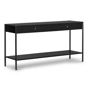 Industrial Metal Console Table With Two Storage Drawers One Bottom Shelve In Black Powder Coated Finish For Hallway Entrance