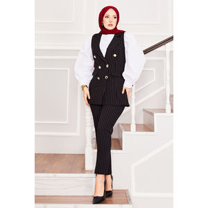 Ensemble deux pièces rayé noir : Gilet à col chemise avec boutons décoratifs et pantalon - Product Image 5