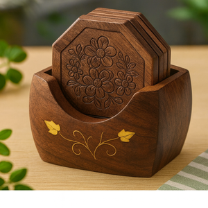 Handcrafted Floral Carved Acacia Wood <b>Coaster</b> Set Elegant Classic <b>Table</b> Decor with Holder Set of 5 <b>Coasters</b> - Product Image 1