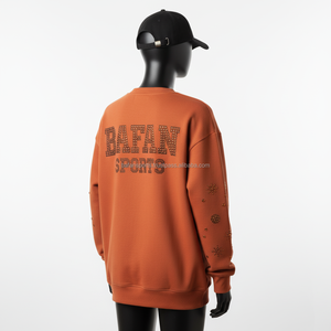 Women Oversize Sweatshirt GSM <b>Brushed</b> Fleece Burnt Orange with Rhinestone Custom Logo Sleeve Design Women breathable Sweatshirts - Product Image 5