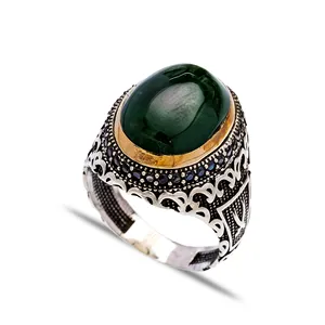 Anillo de plata de primera ley con ágata verde para hombre, sortija, plata esterlina 925, estilo otomano, turco, hecho a mano