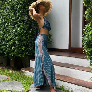 Pantalon large décontracté d'été fait main style bohème, pantalon palazzo de yoga, de danse du ventre, de danse artistique, sarong, tie-dye, taille haute élastique - Product Image 6