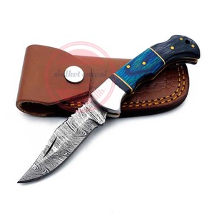 Cuchillo de bolsillo de acero de Damasco hecho a mano cuchillo plegable con Funda de cuero - Product Image 3