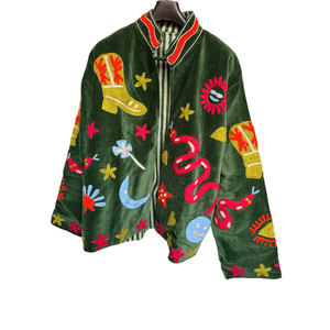 Chaqueta Bomber de Piel de Oveja Reversible Acolchada Hecha a Mano con Bordado Suzani en Terciopelo Verde Otoñal, Talla Única, Manga Larga, Logotipo Personalizable - Product Image 3