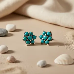 Pendientes de Turquesa con Diseño Floral para Mujer, Estilo Vintage y Moderno para Fiestas Religiosas, Plata de Ley, Perla y Diamante - Product Image 1