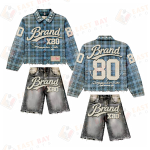 Ensemble veste et short en jean marron en gros, style rétro délavé, veste en jean déchirée courte, ensembles de jorts pour hommes - Product Image 5