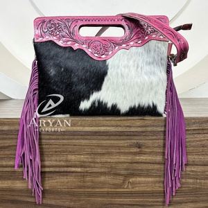 Exclusive Premium Quality 2025 Customized Hand Tooled Cowhide Leather Handbags Handled Zipper Crossbody <b>Shoulder</b> Fringe <b>Bags</b> - Product Image 1