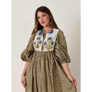 Robe maxi à imprimé floral pour femmes avec encolure brodée, manches bouffantes longues, robe en coton vintage bohème ethnique, vêtements d'été - Product Image 3