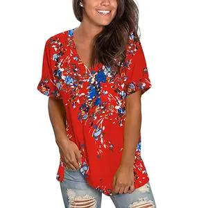 New Summer Fasion Floral Print Outdoor Wear Custom Logo women's T Shirt V-neck Casual breathable oversize Lady T-shirt for women