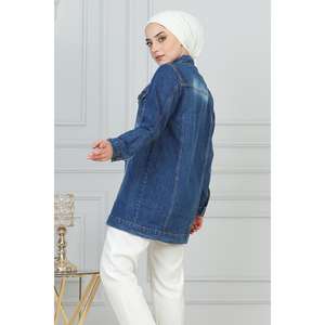 Veste en jean bleu foncé boutonnée MSW6096-1, longueur longue - Product Image 4