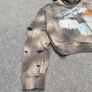 เสื้อฮู้ดดี้ทรงครอปแบบซิป สไตล์วินเทจ ย้อมสีแบบแอซิดวอช คุณภาพสูง พิมพ์ลาย DTG ตัดต่อผ้า ทรงโอเวอร์ไซส์ สำหรับผู้ชาย - Product Image 3