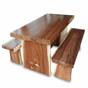 Best Selling Luxury Suar Wood Rustic Style Dining Set Heavy Duty Table and 2 Wooden <b>Benches</b> with Solid Base for Hotel Furniture - Product Image 1