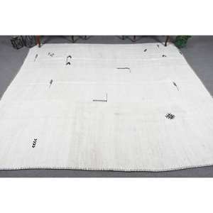Modern White Wool <b>Rug</b> 8.8 X 9.7 ft Turkish <b>Flat</b> Weave Patchwork Design Latex Backing for Living Room Decor for Teens - Product Image 2