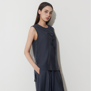 Lujosa Camisa sin mangas de lino para mujer Longitud regular Estilo dulce Patrón sólido Decoración de piedra - Product Image 3