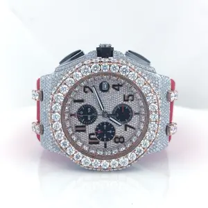 Luxury Round Three Sub Dial Rubber Strap Watch Iced Out Vvs Moissanite Half Diamond Customized Watches