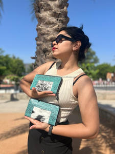 กระเป๋าคลัทช์หนังทำจากขนสัตว์,กระเป๋าแบบมีซิปหนังสีเทอร์ควอยซ์ซ่อนอุปกรณ์สำหรับผู้หญิง - Product Image 2