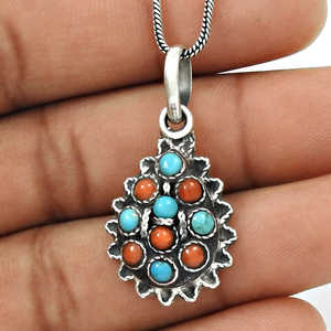 Pendentif en pierre précieuse turquoise naturelle et corail rouge, fabriqué en argent sterling 925, pendentif tribal bohème, bijoux faits à la main - Product Image 2