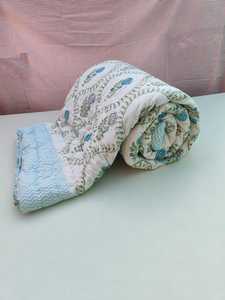 Handmade Floral Block Print Razai Quilt Organic Cotton Warm Reversible - Product Image 6