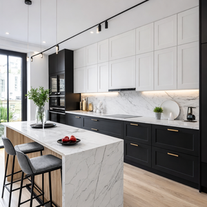 Armoires de cuisine modernes de luxe durables de style shaker laquées noir et blanc avec îlot en marbre - Product Image 1