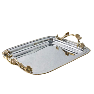 Hammered Stainless Steel Rectangular Serving Tray With Golden Leaf Branch Handles Food Tray For <b>Home</b> <b>Decor</b> & <b>Gifting</b> Good Price - Product Image 4