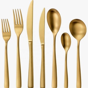 Modern <b>Gold</b> Matte Customize Thick Flat Designer Handle Royal Luxury Design Elegant Stainless Steel <b>Cutlery</b> <b>Set</b> - Product Image 1
