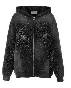 Sudadera con Capucha de Algodón 100% para Hombre, Estilo Vintage, Lavado Ácido, Dobladillo Deshilachado, Estampado con Pedrería, Diseño Urbano Personalizado, Efecto Desgastado por el Sol, Talla Grande, Otoño - Product Image 2