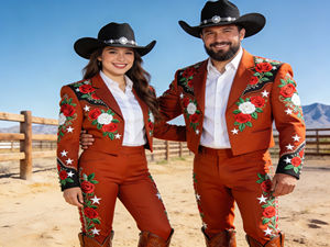 Men & Women Rust Brown Western Embroidered Suit Set Cowboy <b>Blazer</b> & Pants - Product Image 1