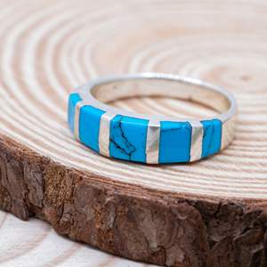 Vintage Turquoise Enamel Stripe Pattern Ring Handmade 925 Sterling <b>Silver</b> Ring Tribal Boho Hippie Ring - Product Image 4