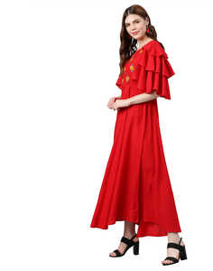 Vestido Étnico Anarkali Bordado de Rayón para Mujer, Largo hasta la Pantorrilla, Cuello Redondo, Manga Media Acampanada, Ropa Tradicional para Ocasiones Especiales, Color Rojo - Product Image 2