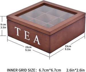 Caja de almacenamiento de té de madera, bolsita de té que almacena 9 compartimentos Caja de té de madera Tapa de vidrio con bisagras Organizador de té-Marrón - Product Image 3