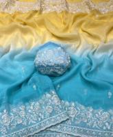 Nouveau saree d'écrasement en mousseline de soie à double teinte avec broderie butti brodé travail de bordure