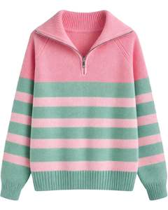 Manufacturer Customized Men Quarter Zip Knit Sweater Pink And Mint Green Striped Soft Knit Warm Winter Casual Pullover Custom - Product Image 1