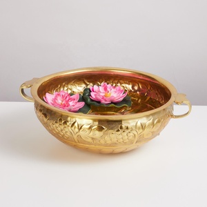 Round Shape Aluminum Gold Color Handmade Design Flower Bowl Urli with Two Handles for Festival Decoration - Product Image 1