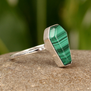Anillo de bisel de piedras preciosas de malaquita genuina, 10x17mm, forma de ataúd, Plata de Ley 925 sólida, joyería fina hecha a mano de alta calidad para mujer - Product Image 5