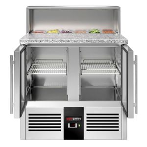 Commercial Saladette Counter PREMIUM - 903mm - 240L - 2 <b>glass</b> <b>doors</b> - open top for 5 x GN 1/6 & stainless steel <b>hinged</b> lid - Product Image 4