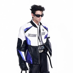 2024เสื้อแจ็กเก็ตหนังของผู้ชายสำหรับฤดูใบไม้ร่วงและฤดูหนาวปักลายตัวอักษรภาพเงาเสื้อขนสัตว์แขนยาวสีตัดกันทำจากขนสัตว์ - Product Image 1