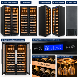Cave à vin double zone en bois massif de chêne pour 108 bouteilles avec porte vitrée et étagères en chêne – Mobilier de maison - Product Image 5