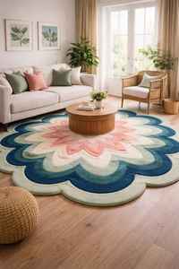 Tapis rond en laine fait main abstrait ondulé bleu et beige 9x12 pieds, tapis moderne à poils hauts et bas pour la décoration du salon - Product Image 2
