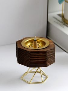 Quemador de incienso de madera con pedestal alto y forma de cono, con copa de latón, soporte geométrico moderno para aromaterapia de escritorio, decoración zen para el hogar - Product Image 2