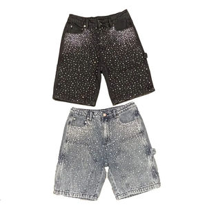 Pantalones cortos de mezclilla de peso pesado holgados lavados Vintage para hombre, ropa de calle con patrón de diamantes de imitación, pantalones cortos transpirables Cargo con diamantes de imitación - Product Image 5