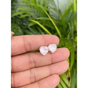 Natural Rose Quartz Heart <b>Stud</b> <b>Earrings</b> 925 Sterling Silver Handmade Gemstone Jewelry Wholesale Supplier - Product Image 2