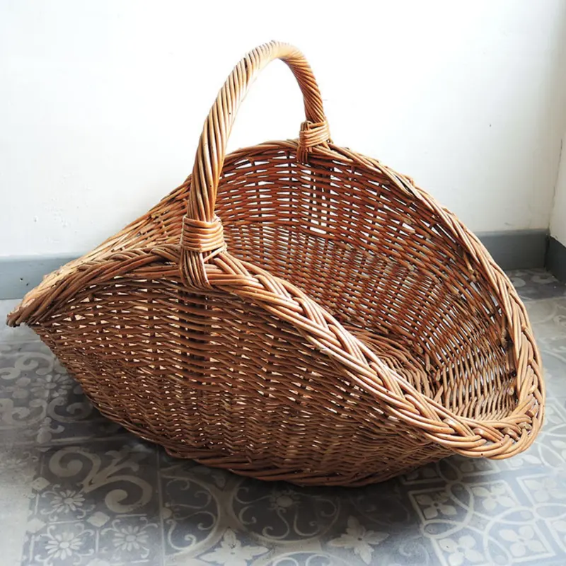 Antique Cheap Rattan Log Basket Rattan Woven Log Holder with Handle Wholesale