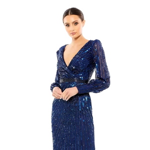 Dark Navy Blue Luxury Evening Dress with V-Neckline <b>Trumpet</b> Shaped Sequin Bead Hand Embroidered Floral Party Style Evening Gown - Product Image 1
