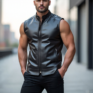 Streetwear pour hommes pleine fermeture éclair moto motard gilet en cuir | hommes en gros 100% en cuir véritable motard sans manches vestes gilet - Product Image 6