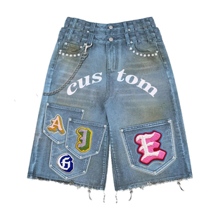 Short décontracté personnalisé de haute qualité Short en jean à ourlet brut lavé vieilli Short en jean à double taille avec broderie vintage en strass - Product Image 3